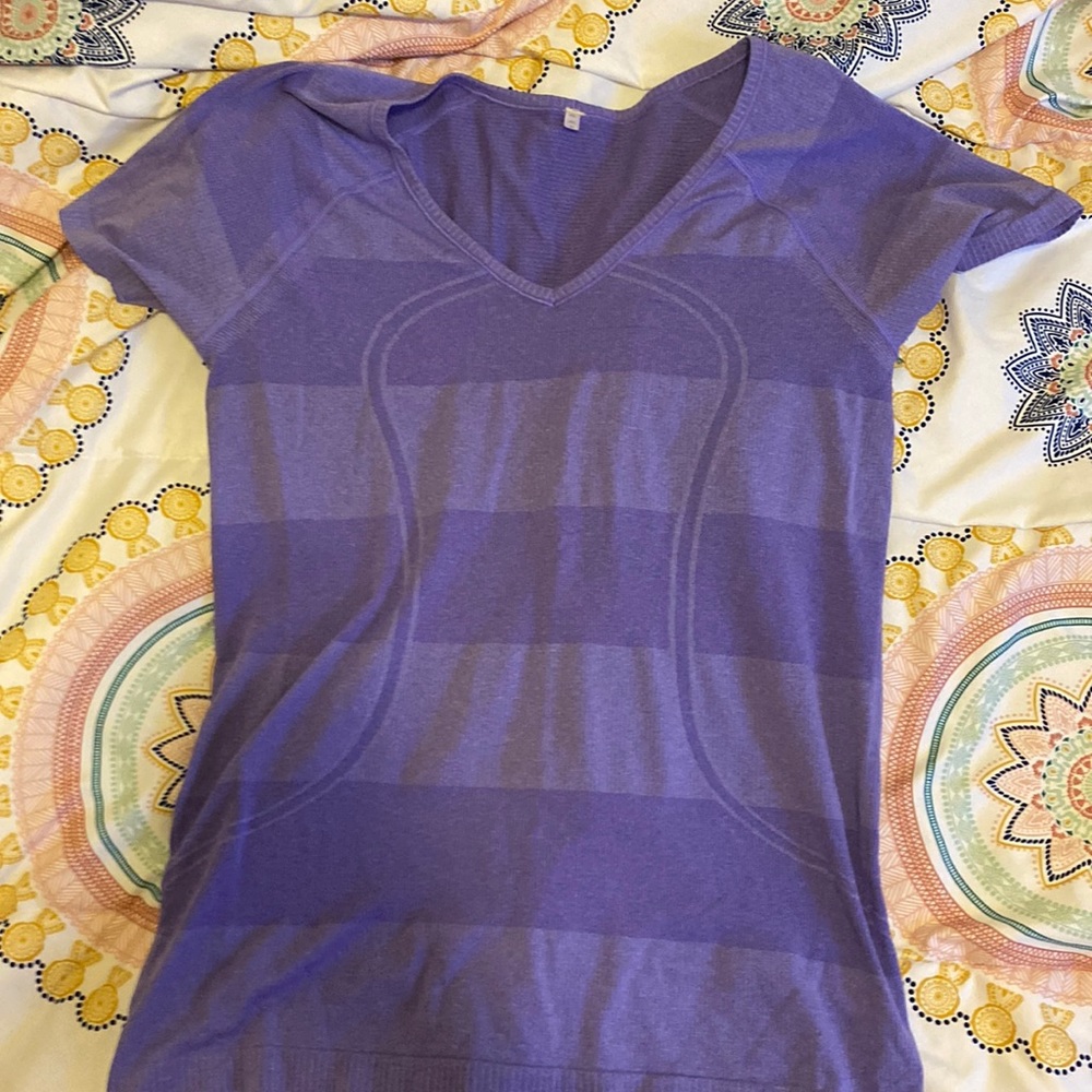 lululemon athletica Purple Striped Short Sleeve V-Neck Top